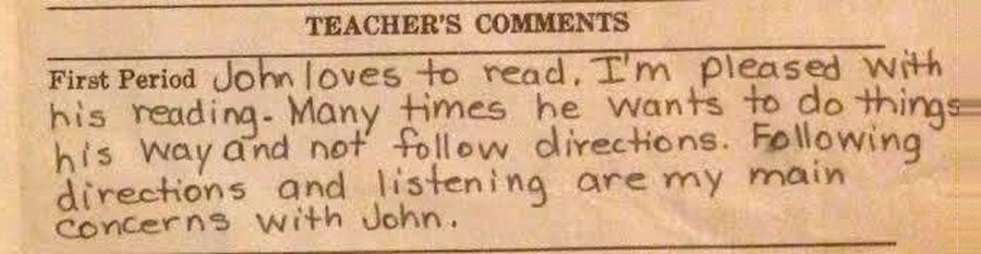John's kindergarten report card: following directions and listening are my main concerns with John